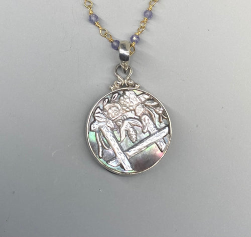 Victorian Carved Pearl Bee Button Set in Sterling Silver Necklace w/ Satellite Chain
