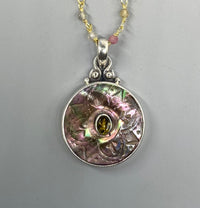 Victorian Carved Pearl Tourmaline Center Stone Set in Sterling Silver Necklace w/ Tourmaline Rosary