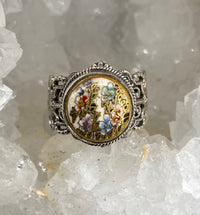 Satsuma Porcelain Hand Painted Button set in Sterling Silver Ring Size 7.5