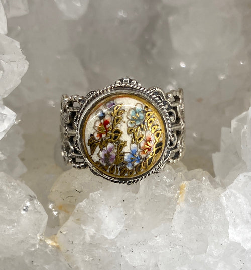 Satsuma Porcelain Hand Painted Button set in Sterling Silver Ring Size 7.5