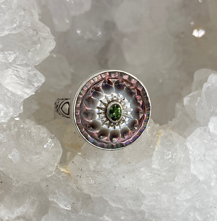 Victorian Carved Pearl tinted w/ Tourmaline stone accent set in Sterling Silver Ring Size 8