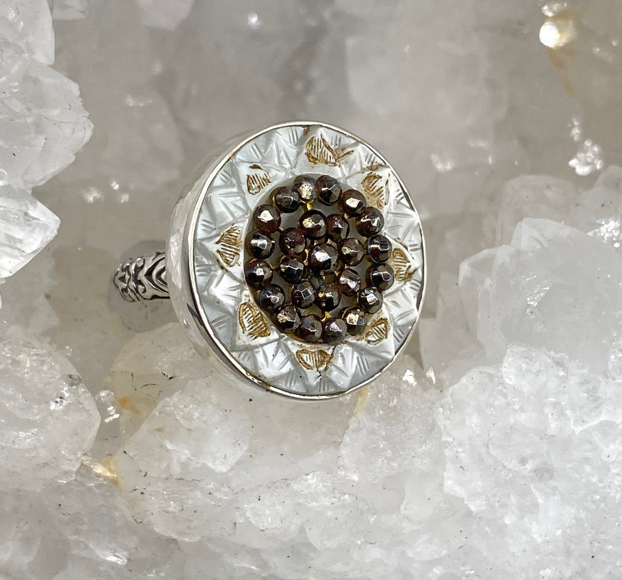 Victorian Carved Pearl w/Steel Facet accent set in Sterling Silver Ring Size 8