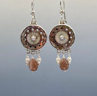 Carved Shell Antique Button set in Sterling Silver W/ Tourmaline & Pearl Drop & Pearl Center Accent