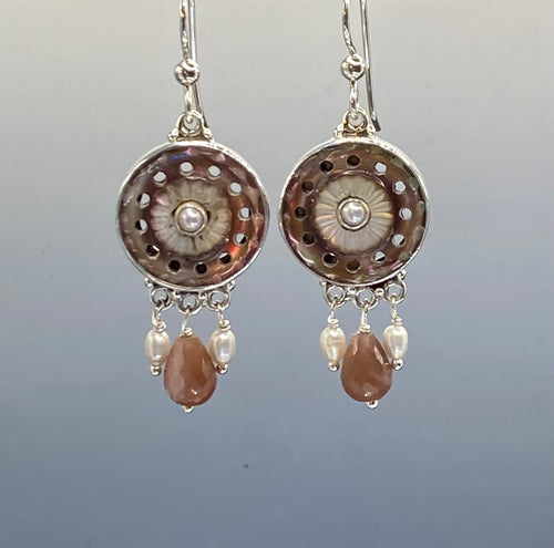 Carved Shell Antique Button set in Sterling Silver W/ Tourmaline & Pearl Drop & Pearl Center Accent
