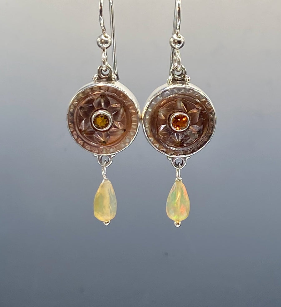 Carved Shell Antique Button set in Sterling Silver W/ Ethiopian Opal Stone Accent & Tourmaline Center Stone