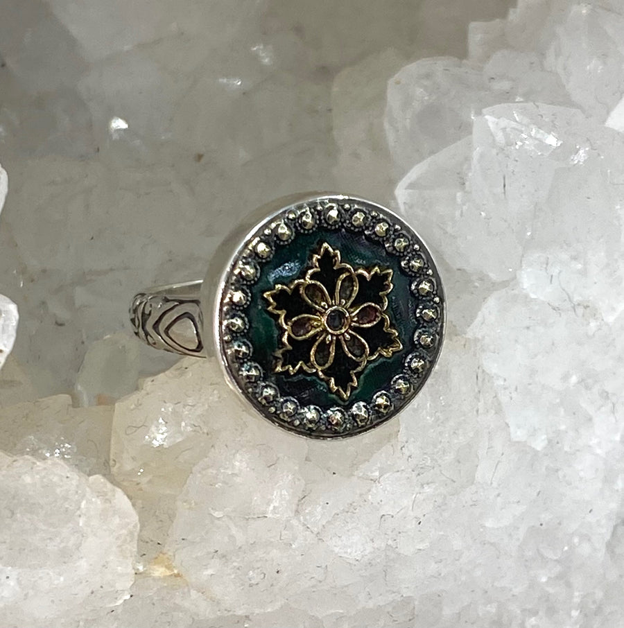 Victorian Ornate Metal Antique Button Set in Sterling Silver Ring Design Size 7