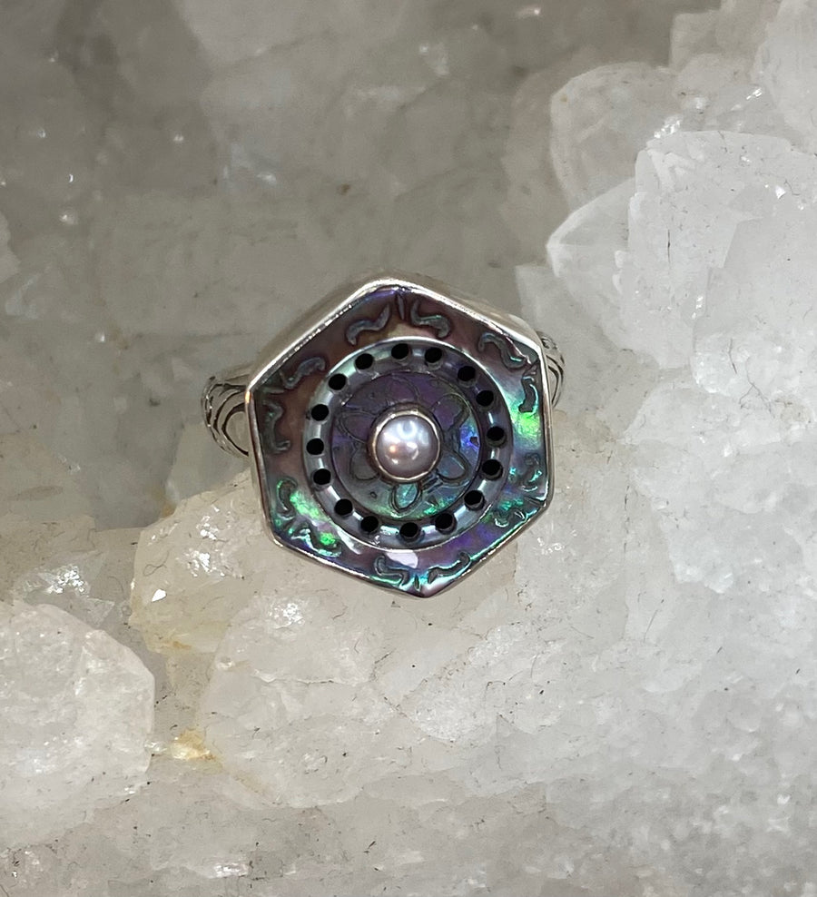Victorian Carved Shell with Pearl Center Antique Button Set in Sterling Silver Ring Design Size 7