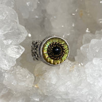 Victorian Carved Pearl tinted w/ Back glass accent set in filigre Sterling Silver Ring Size 8