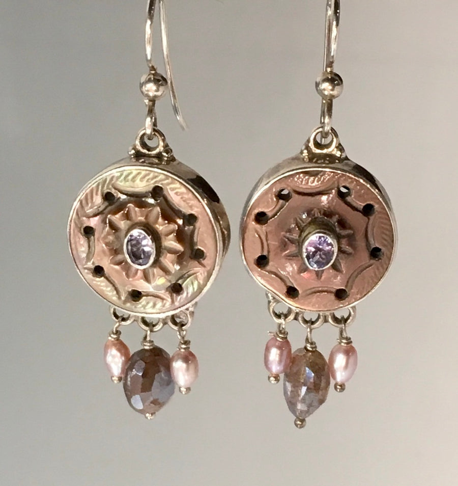 Victorian Carved Shell Button w/ Iolite facet Center w/Labradorite & Pearl accent