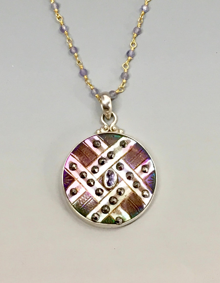 Ornate Victorian Carved Pearl w/ Steel Facet set in Sterling Silver with Tanzanite Rosary accent.