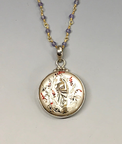 Victorian Carved Pearl image of Woman & Flowers set in Sterling Silver with Amethyst Stone accent