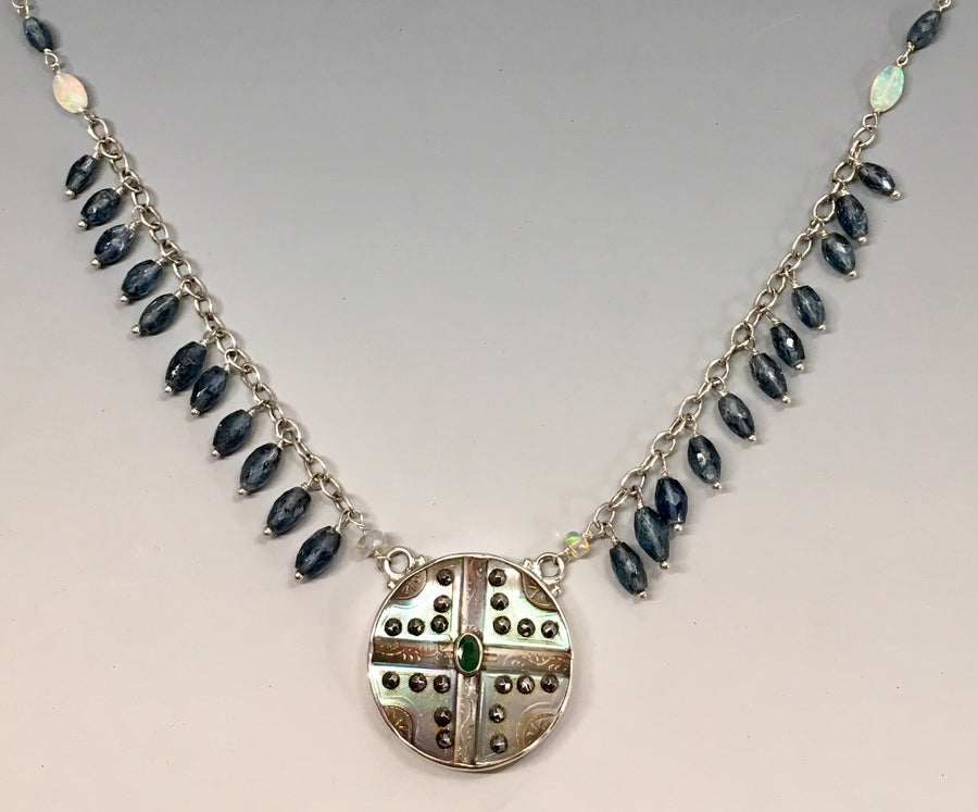 Victorian Carved Pearl with Steel Facet & Topaz Accent set in Sterling Silver