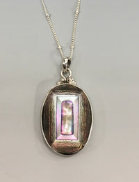 Victorian Oval Inlay Carved Pearl & Shell Button set in Sterling Silver w/ Chain
