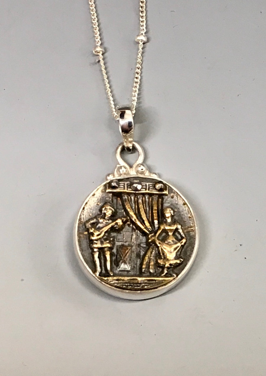 Beautiful Victorian Picture Metal Scene of Man Playing Music to Dancing Woman Button set in Sterling Silver