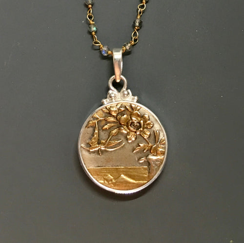 Victorian Picture Metal Button Insect Flying w/ Flowers set in Sterling Silver Necklace w/ Rosary stone Accen