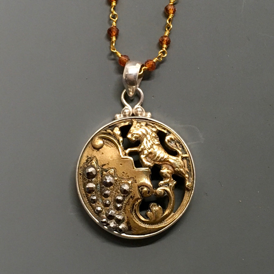 Victorian Picture Metal Button Lion w/ Steel Facet Accent Shield set in Sterling Silver Necklace w/ Rosary stone Accent