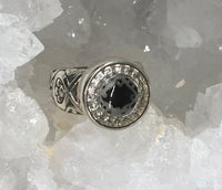 Design under Glass know as a Victorian DUG. Ornate design under glass set in metal frame button Size 7