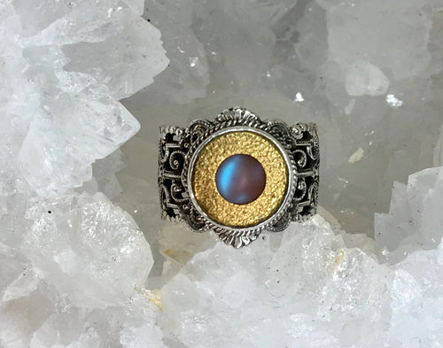 Victorian Saphiret Glass in Brass Button set in Sterling Silver Ring Size 7