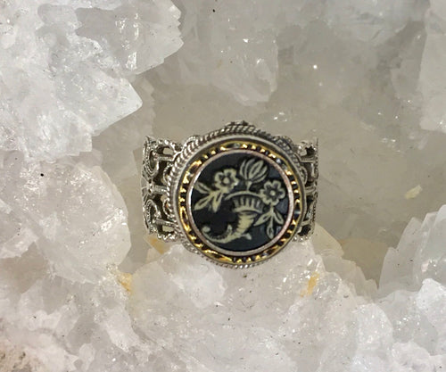Victorian Celluloid Floral Button set in Sterling Silver Ring Size 7