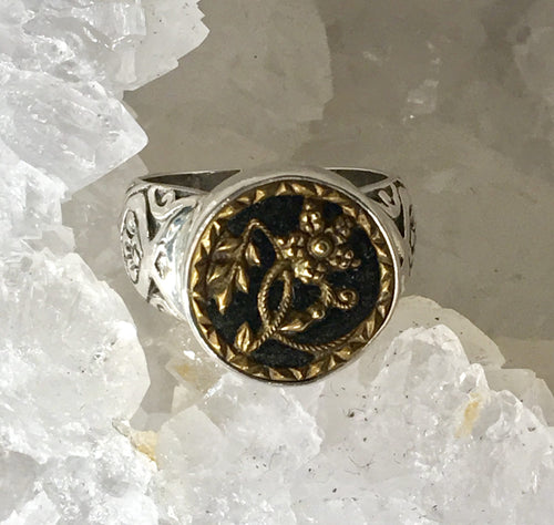 Victorian Perfume Velvet Floral Button set in Sterling Silver Ring Size 7.5