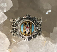 Victorian Hand Painted Enamel set in Filigree Sterling Silver Ring Size 8