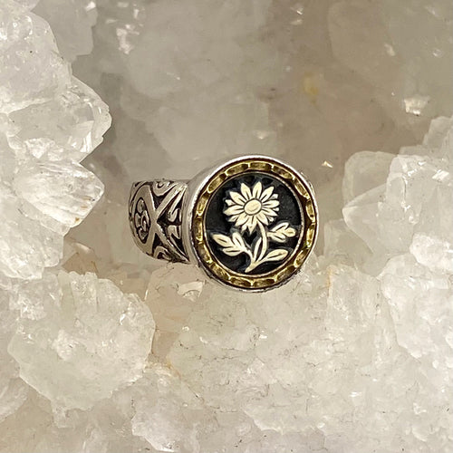 Victorian Ivroid Floral Button set in Sterling Silver size 8