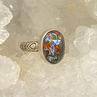 Leo Popper Glass Button Oval Confetti set in Sterling Silver Ring Size 7