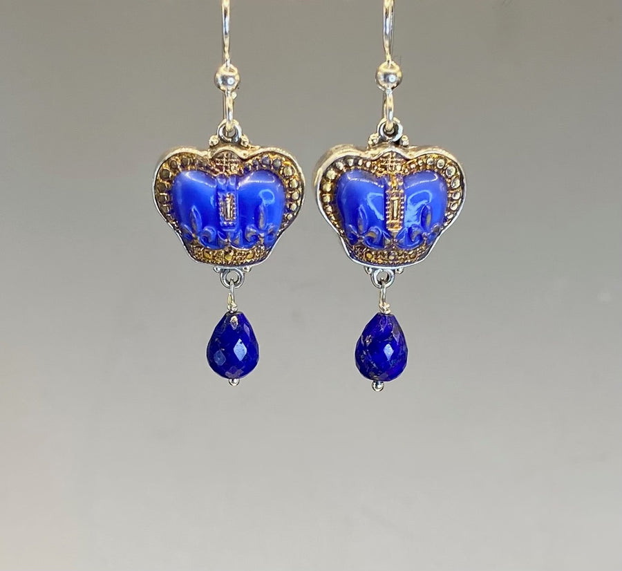 Vintage Blue Glass Crown Button with Gold Accent Set in Sterling Silver w/ Lapis stone accent