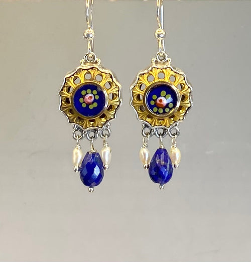 Victorian Openwork Hand Painted Enamel Button set in Sterling Silver With Facet Lapis Stone & Pearl Accent