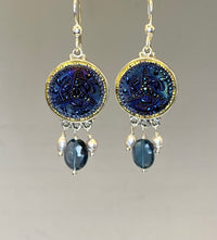 Victorian Glass in Metal Button set in Sterling Silver With Topaz Facet Stone & Pearl Accent