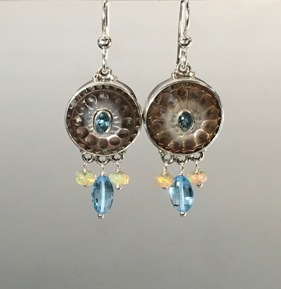 Victorian Carved Pearl Button w/topaz center set in Sterling Silver Earring accented w/ Topaz & Ethiopian opal