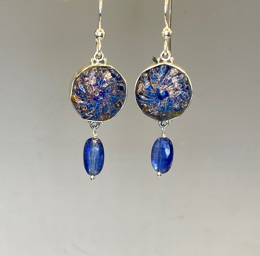 Antique Paperweight Swirled Gold Flecked Glass Button set in Sterling Silver With Facet Kyanite Stone Accent