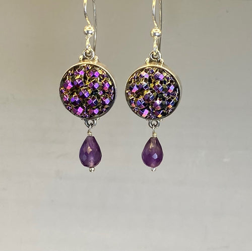 Antique Czech Lustered Glass Button set in Sterling Silver With Facet Amethyst Stone Accent