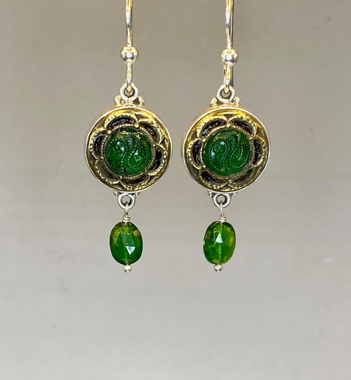 Victorian Glass in Metal Button set in Sterling Silver With Tourmaline Facet Stone Accent