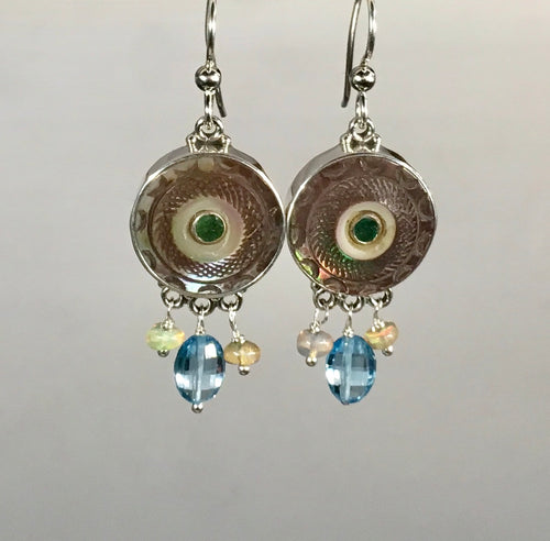 Victorian Carved Pearl Button w/emerald Center set in Sterling Silver Earring accented w/ Topaz & Ethiopian opal