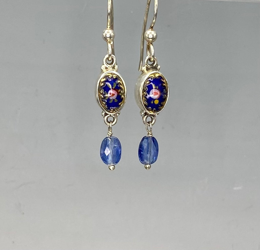 Victorian Openwork Hand Painted Enamel Button set in Sterling Silver With Kyanite Facet Stone Accent. 1" length