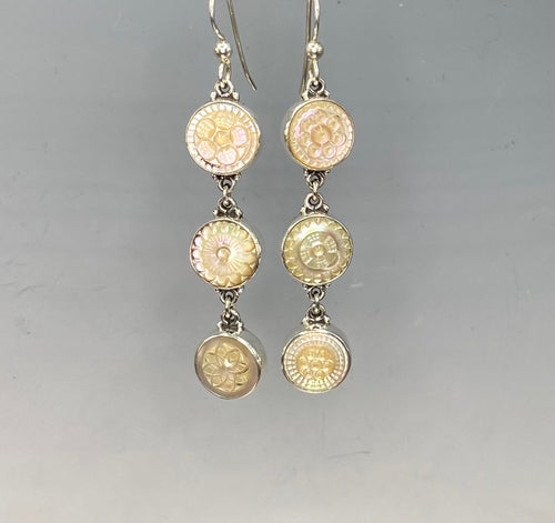 Victorian Carved Irridescent Shell Button Asymmetrical Earrings set in Sterling Silver 2"