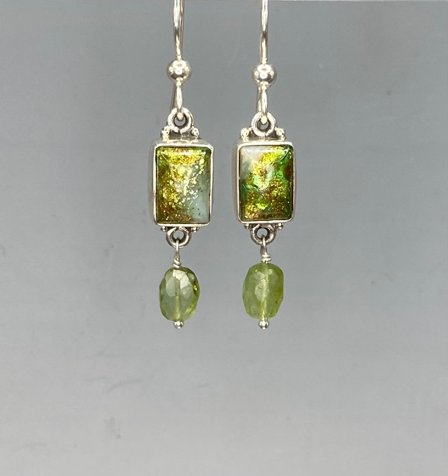Antique Leo Popper Glass Button set in Sterling Silver With Facet Tourmaline Stone Accent
