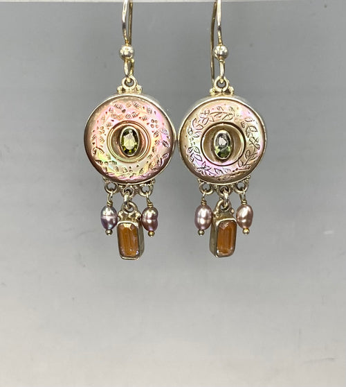 Victorian Carved Tinted Shell Button set in Sterling Silver with Saphiret (24K Gold & Glass)) & Pearl Accent