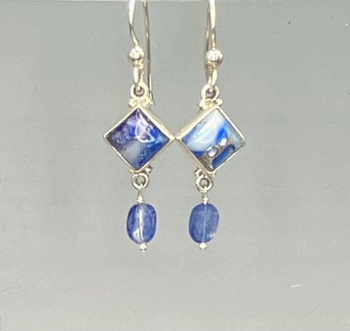 Antique Leo Popper Glass Button set in Sterling Silver With Facet Kyanite Stone Accent
