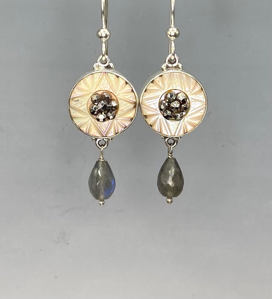 Victorian Carved Shell w/ Steel Facet Center Button Earrings set in Sterling Silver w/ Labradorite Stone Accent