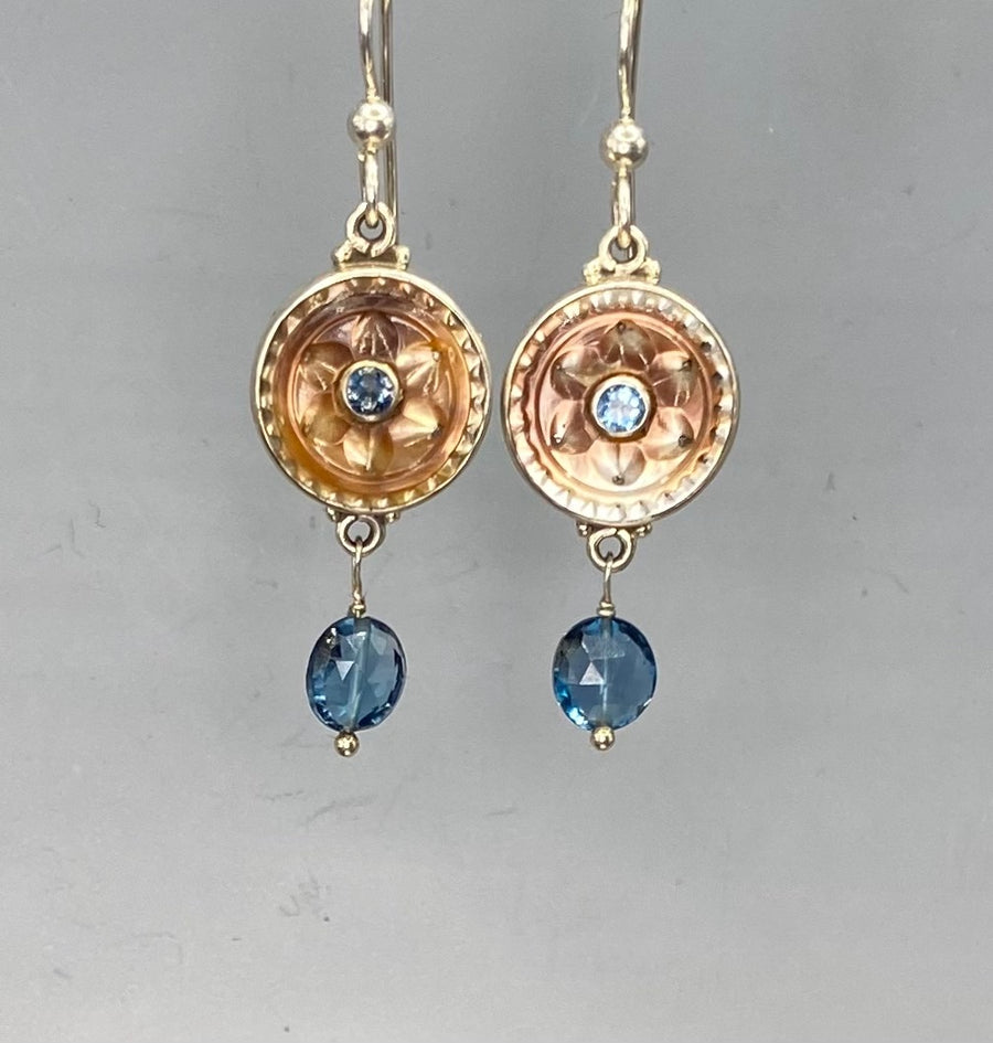 Victorian Carved Shell Button Earrings w/ Kyanite Accent set in Sterling Silver