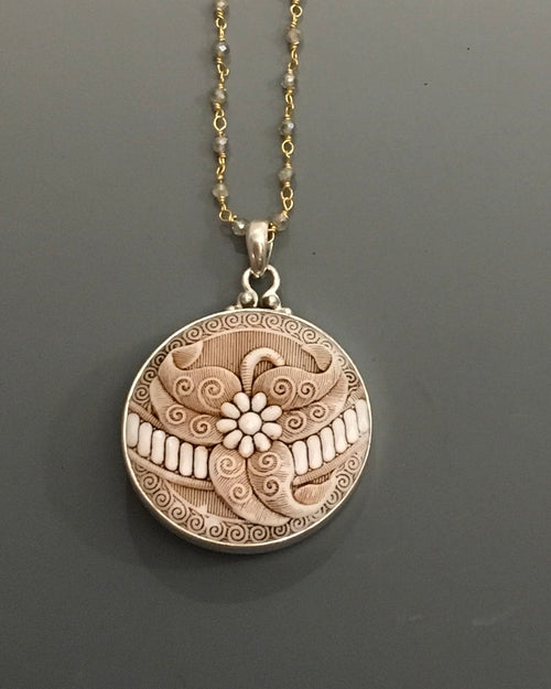 Victorian Glass with Sienna Floral set in Sterling Silver Setting w/ labradorite Stone necklace