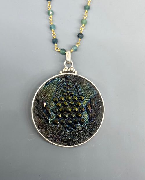 Czech Republic Luster Glass Button Set in Sterling Silver Pendant accented with Topaz Rosary