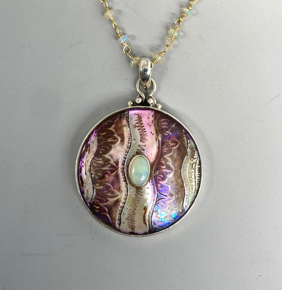 Victorian Carved Shell Button W/Ethiopian Opal Center set in Sterling silver