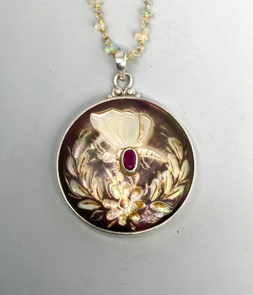 Victorian Carved Shell Butterfly Button set in Sterling silver