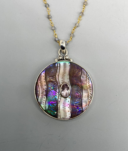 Victorian Carved Shell w/ facet Amethyst Center Button set in Sterling silver