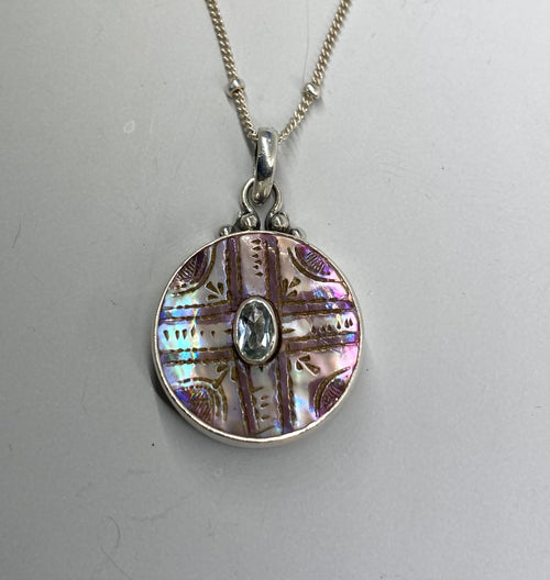 Victorian Carved Shell With Iolite Center set in Sterling silver