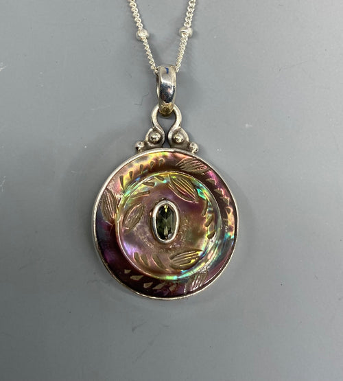 Victorian Carved Shell w/ Tourmaline Button set in Sterling silver