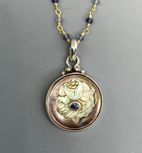 Victorian Caved Shell Button with Iolite Center Button set in Sterling Silver